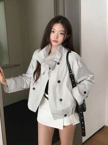 Korean Style Fashion Design Double Breasted Jacket Autumn Winter New Popular Item French Slouchy Chic Versatile Short Women's Top - Grey - View 4