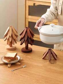 1 Set Walnut Wood Tree-Shaped Heat-Insulating Mat Set - Natural Tree-Shaped Heat-Insulating Mat Combination - 5 Wooden Heat-Insulating Mats With 1 Storage Rack, Foldable Kitchen Wooden Heat-Insulating Mat, Suitable For Hot Dishes, Pots, Bowls, Teapots, Etc., With Heat Insulation And Anti-Scalding Functions, Ideal Choice For Pot Mats, Coasters, Clay Pot Mats. Tree-Shaped Design, Home Heat-Resistant Table Mat, High-Quality Coaster, Modern Minimalist Table Mat, Also Suitable As Christmas Gift. - View 2