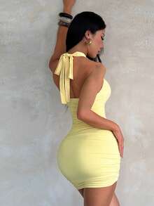 1pc Solid Color Sexy Knit Fabric Sleeveless Dress Beach Summer - Yellow - View 3