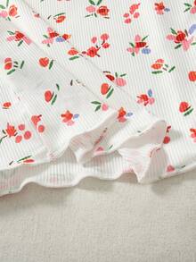 2pcs/Pack Girls' Casual Everyday Fashion Solid Color Ribbed Floral Print Frill Trim Long Sleeve Knit Tops, Spring/Autumn - Multicolor - View 7