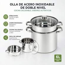 Stainless Steel 6L Steamer Pot With Double Tier And Glass Lid, Multi-Purpose Healthy Cooking Steamer, 21.5 Cm Diameter, 29.5 Cm Height, Silver Color - View 4