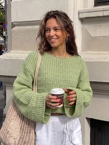Women Boat Neck Crochet Knit Sweater, Big Flare Long Sleeve Loose Oversized Pullover, Fall Casual Textured Knit Top - Olive Green - View 1
