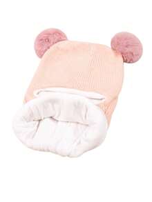 Autumn/Winter Kids Pullover Hat With Double Pom Poms, Ear Flaps, Solid Color Cute Knitted Woolen One-Piece Hat For Baby Boys And Girls - Multicolor - View 5