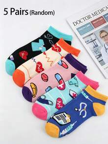 5 Pairs Fun Nurse Socks, Medical Theme Cartoon Design, Perfect Gift For Nurses, Doctors And Hospital Staff, Novelty Socks, Invisible Socks Random - Multicolor - View 9