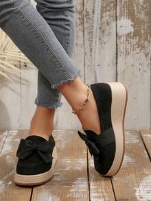 Women's New Bow Suede Thick Sole Comfortable Height-Increasing Wedge Shoes Beach Bow Home - Black - View 2