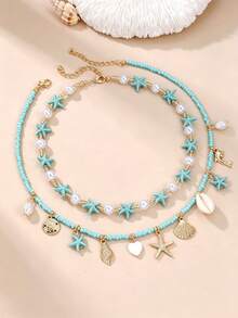 NAIZHU 2pcs Children's Ocean Series Beach Shell & Starfish Pendant Necklace Set, Suitable For Daily Wear, Vacation Accessory Gift - Blue - View 1