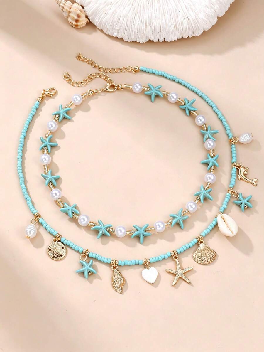 NAIZHU 2pcs Children's Ocean Series Beach Shell & Starfish Pendant Necklace Set, Suitable For Daily Wear, Vacation Accessory Gift - Blue - View 1
