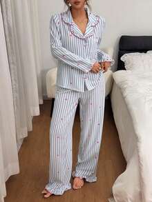 Dreamivo Women's Ruffle Trim Playful Elegant Loungewear Set, Cherry Striped Print Long Sleeve & Long Pants Contrast Color Pajama Set - Baby Blue - View 5