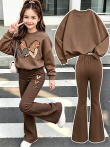 Teen Girls Casual Versatile Simple Heart & Leopard Print Crew Neck Sweatshirt With Casual Flare Leg Pants 2-Piece Set, Autumn/Winter Outfit, Homecoming Look - Brown - View 2