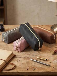 1pc Solid Color PU Leather Pencil Case, Large Capacity Soft Zipper Stationery Organizer & Cosmetic Pouch, Portable Storage Bag For Students, Women, School, Office, Travel & Daily Use, Back To School - Solid Color Style - View 3