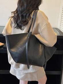 Dedoo Women Soft PU Trapezoid Tote Bag,Solid Color Minimalist Tie Design,Large Capacity Commuter Shoulder Bag,Suitable For Daily Office,Spring/Summer - Black - View 4