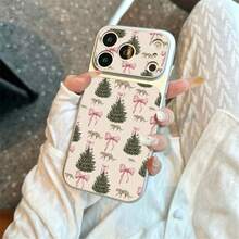 1pc TPU Material Pink Bow Christmas Tree Holiday Print Pattern Phone Case Suitable For Apple 17promax/17/16promax/15/13/12/11 Large Window Skin Full Coverage Anti-Drop Soft Shell Phone Protective Cover - Silver - View 3