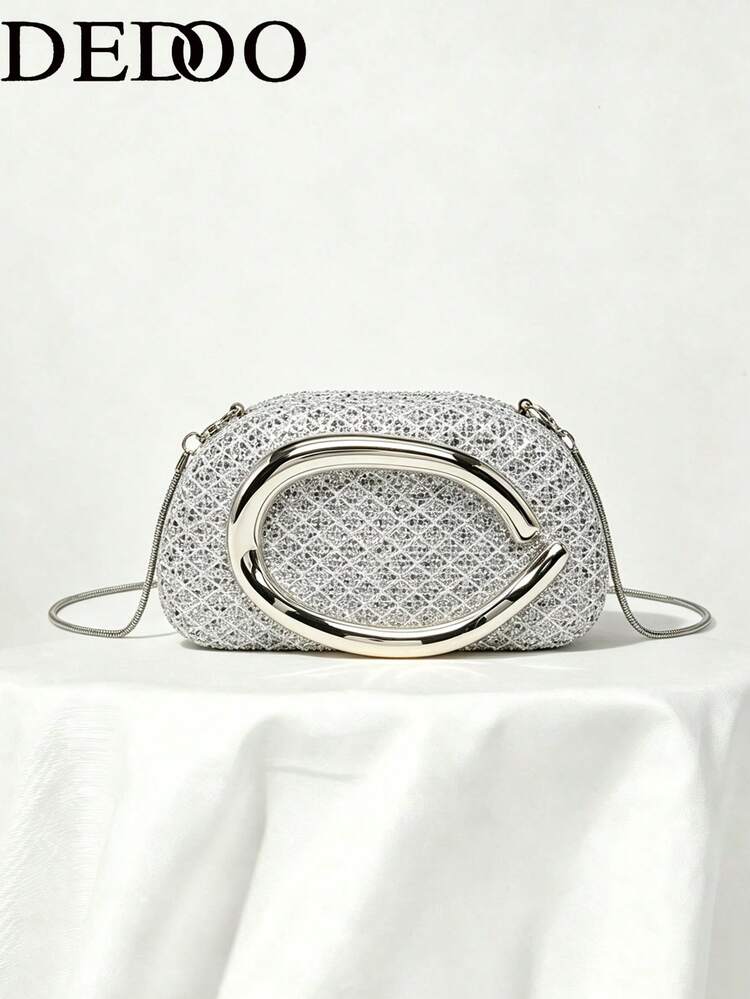 Women's Oval Hard Shell Evening Clutch, Diamond Grid Glitter Pattern, Curved Metal Handle, Modern Fashion Style, Suitable For Wedding, Ball, Banquet - Silver - View 1