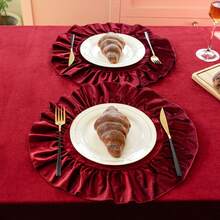 1/2/4件組圓形百褶荷葉邊餐墊，創意餐桌裝飾，適用家庭聚會、派對、聖誕節及日常居家裝飾 - 紅色 - 查看 11