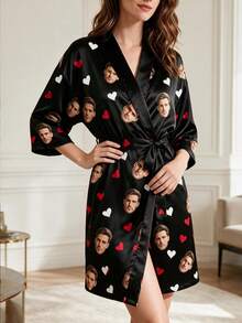 1Pc Custom Face Photo Robe Personalised Black Heart Picture Women Night Wear Sleepwear Kimono Bathrobe Gift For Wife - Multicolor - View 7