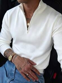 Men's Classic Zip-Up Turn Collar Long Sleeve Fine Knit Sweater, Autumn/Winter - White - View 4