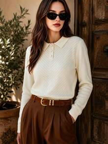 DONICY Women's Cream Polo Collar Diagonal Hollow Half Button Cropped Knit Top, Long Sleeve Textured Sweater For Spring Fall Daily Wear - Apricot - View 10
