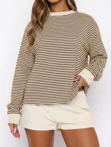GLAMSKIN Women Color‑Block Striped Crew Neck Long Sleeve T‑Shirt,Simple Loose Fit Fall Basic Tee For Daily Wear&Office Commute - Apricot Coffee - View 8