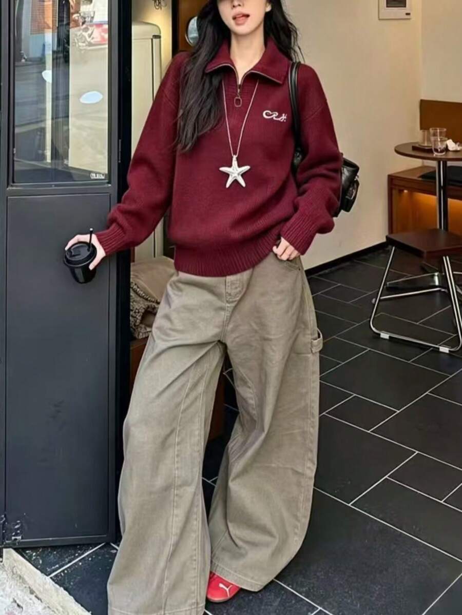 Solid Color Zip-Up Collar Long Sleeve Knit Cardigan, Soft Style Versatile Knit Sweater - Red - View 1