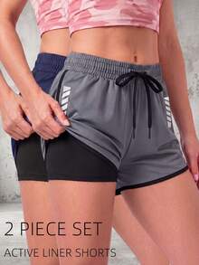 2PCS Women's 2 In 1 Liner Shorts, Solid Color Inner Lining 2 In 1 Athletic Shorts, Elastic Two Pieces Set, Summer Pants Suitable For Running, Sports, Yoga, Fitness, Workout - Multicolor - View 1