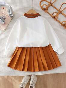 2pcs Young Girls Vintage Campus Style Color Block Lapel Letter Print Long Sleeve Sweatshirt & Versatile Pleated Skirt Spring Autumn Set - Burnt Orange - View 3