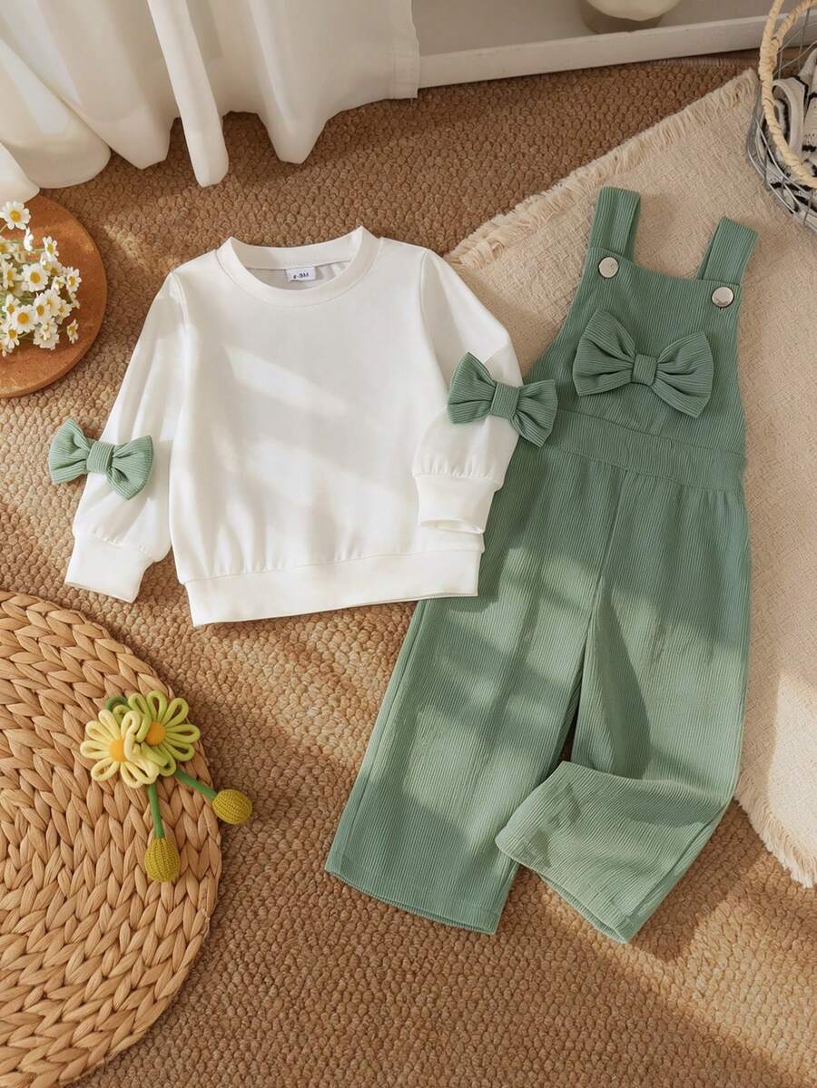 2pcs/Set Baby Girl Fresh Cute Bow Top + Corduroy Overalls, Thin Spring/Autumn - Mint Green - View 1