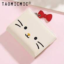 Cute Cat Embroidery PU Leather Short Bifold Wallet With Bow Zipper Charm, Snap Closure Multi Card Slots Coin Purse For Women Girls - Multicolor - View 2