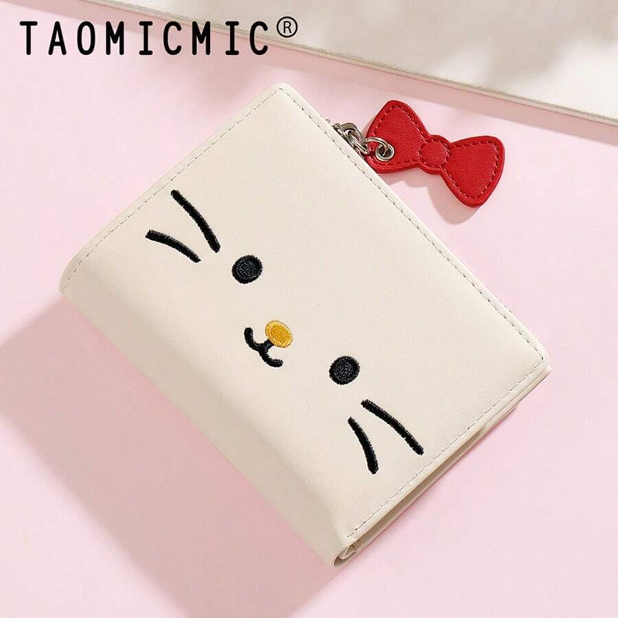Cute Cat Embroidery PU Leather Short Bifold Wallet With Bow Zipper Charm, Snap Closure Multi Card Slots Coin Purse For Women Girls
