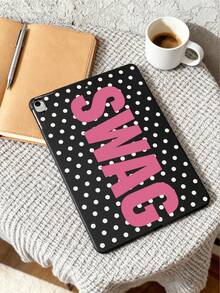 1pc Y2K Millennium Hot Girl Style Black Background White Polka Dot SWAG Fuchsia English Print Tablet Protective Case, Ins Influencer Cool Personalized Full Coverage Anti-Drop Black Matte Soft Shell, Suitable For Personal Use, Birthday Gift Choice; Compatible With Ipad Case, - Black - View 8