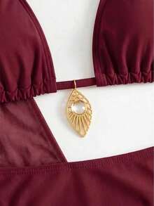 4pcs/Set Sexy Solid Color Bikini Set With Sheer Cover-Up Summer Vacation Beach - Burgundy - View 3