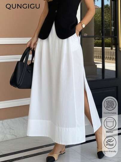 Women's Elegant White Denim Maxi Dress, Side Slit High Waist Minimalist Formal Dress With Pockets, Old Money Style Vacation Outfit