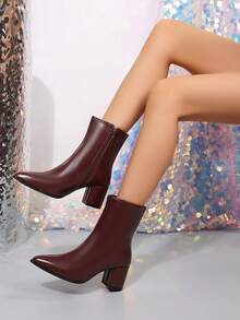 2024 New Women's Chunky High Heel Elastic Slim Fit Sock Boots Mid-Calf Ankle Boots - Burgundy - View 3