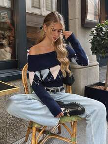 Women's Argyle Cold Shoulder Long Sleeve Knit Pullover Sweater, Elegant Cropped Midriff Top, Suitable For Autumn/Winter - Multicolor - View 4