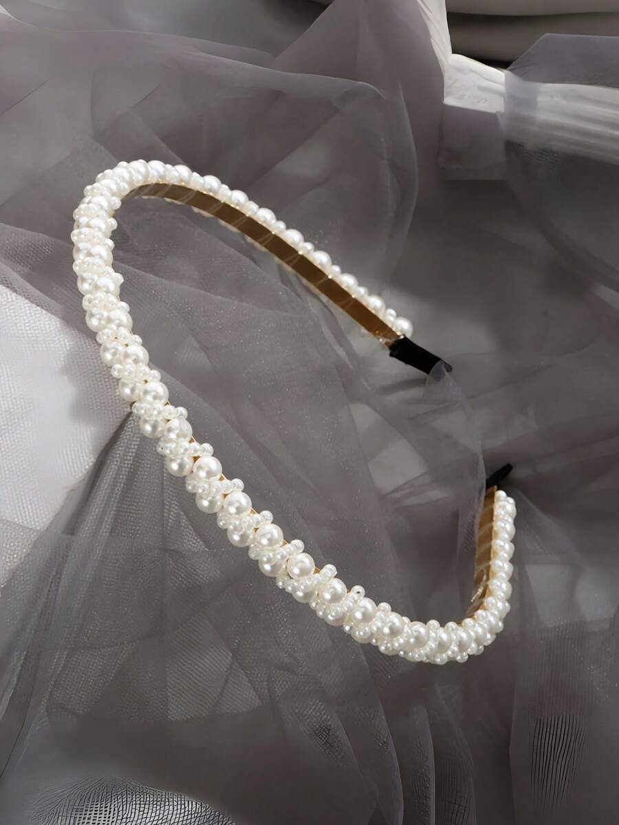 1pc Women's Woven Pearl Headband, Luxury Versatile Hair Accessory - White - View 1