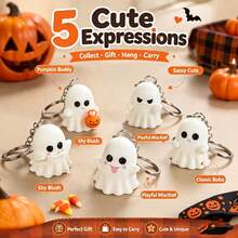 1pc Cute Multi‑Expression Ghost Keychain, Halloween 3D Ghost Bag Charm Pendant, Collectible Cartoon Ghost Key Ring, Holiday Party Gift For Friends - White - View 2