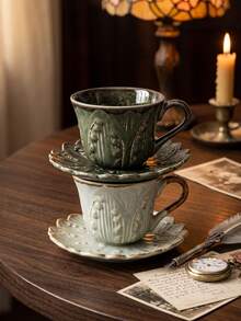 DearDali 1 Set Vintage Embossed Lily Of The Valley Ceramic Cup And Saucer Set, Kiln Glazed Rim Coffee Latte Cup, Vintage Relief Tabletop Decor Afternoon Tea Cup, Aesthetic Tableware, Tea Cup, Suitable For Coffee Or Tea, Fun Gift Cup For Friends - Multicolor - View 7