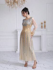 JINLICX Glamorous Women's Long Sleeve Sequin And Beaded Plus Size Formal Dress Round Neck Prom Gown With Elegant Design - Champagne - View 2