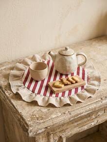 1/2/4/6/12pcs Red And White Striped Placemats, Fresh Natural Style, Fabric Material, Round Beige Ruffle Edge Detail, Stain-Resistant Protection For Tabletop And Decorative Enhancement, Suitable For Daily Tea And Natural Home Decor - Red - View 3