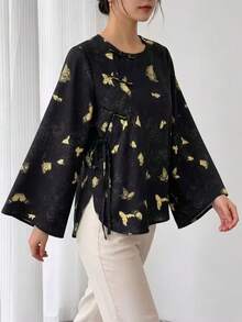 Spring/Autumn Women's Chinese Style Top, Black Cheongsam Round Neck Short Blouse, Frog Button Dark Pattern Butterfly Print Asymmetric Collar Long Flared Sleeve Elegant Tang Suit Shirt Hanfu Jacket - Black - View 5