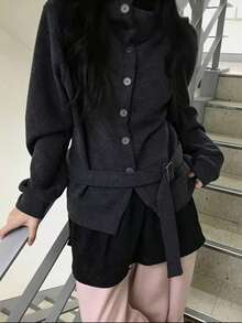 Áo cardigan len dệt kim nữ tay dài cổ cao thắt dây cài nút phong cách thường ngày - Màu xám đen - Xem 5