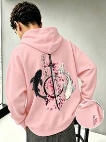 Sweatshirt Pullover Anak Laki-laki Gaya Jalanan Jepang, Motif Ikan Koi, Pedang Samurai, Bunga Sakura di Bagian Belakang, Lengan Panjang Longgar, Musim Semi/Gugur - Berwarna merah muda - View 1