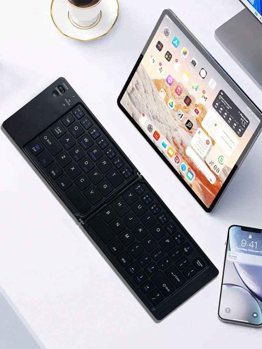 AKKHOO Keyboard Nirkabel Lipat Ganda Portabel, Desain Ultra Tipis, Ringan & Ringkas, Kompatibel dengan Sistem Android, Windows, dan iOS