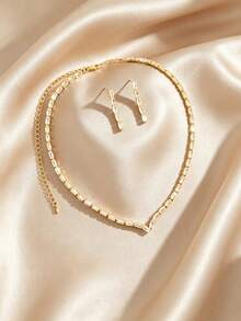 Minimalist Women's Trapezoid V-Neck Necklace & Stud Earrings Set, Suitable For Banquet, Wedding, Vacation, Holiday, Party - Gold - View 10