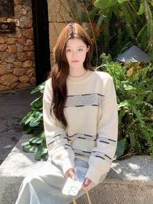 Autumn/Winter Sweet & Cool Round Neck Striped Patchwork Women's Sweater - Apricot - View 2