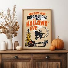 1pc Frameless Vintage Witch Riding Broom Halloween Thanksgiving Wall Art Poster, Rustic Fall Dorm Bedroom Party Decor, Back To School Funky Posters - Multi-color - View 5
