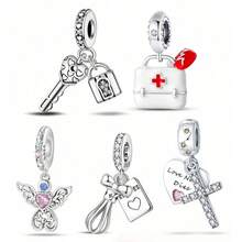 1pc Silver-Plated Multi-Meaning Charm Beads, Heart Lock & Key, Medical First Aid Kit, Pink Diamond Angel, Bow Tag, Cross Heart, Rhinestone & Enamel Craft, Suitable For Bracelet & Necklace, Handmade DIY Jewelry, Blessing & Confession Commemorative Accessory - Multicolor - View 12