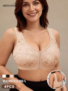 MEIYATING 4pcs Women's Full Coverage Plus Size Front Closure Push Up U-Back Soft Bras - Multicolor - View 3