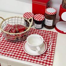 1/2/6pcs French Ins Style Red Plaid Bow Embroidery Placemats, Vintage Pastoral Artistic Decorative Fabric Heat-Insulating Table Mats For Afternoon Tea - Red - View 1