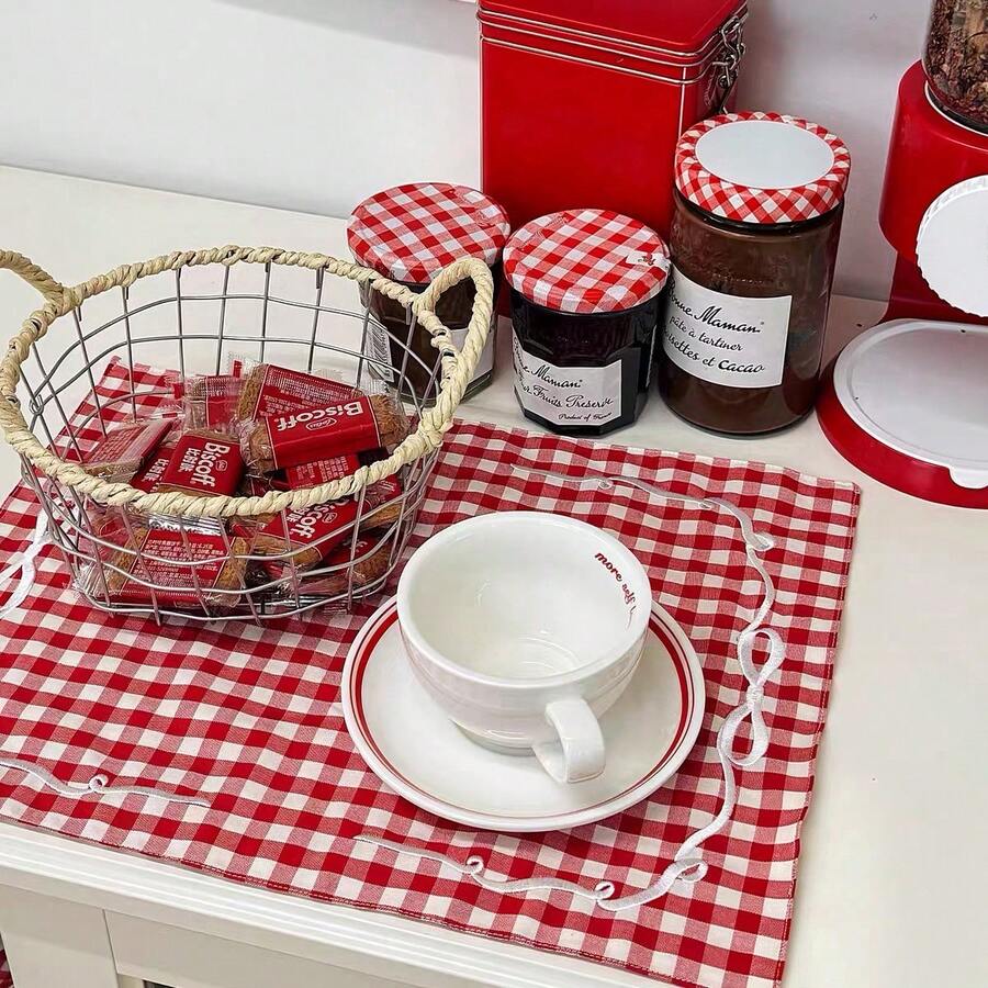 1/2/6pcs French Ins Style Red Plaid Bow Embroidery Placemats, Vintage Pastoral Artistic Decorative Fabric Heat-Insulating Table Mats For Afternoon Tea - Red - View 1