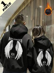 Autumn/Winter Y2K Unisex Hoodie With White Angel Wings Print, 'LOS ANGELES' & 'LA' Graphics, Black, Loose Fit, Long Sleeve - Black - View 1